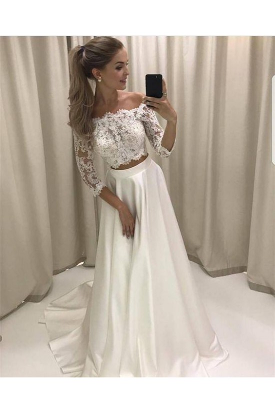 Long Two Pieces Lace and Satin Wedding Dresses Bridal Gowns 903452