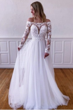 A-Line Lace and Tulle Long Sleeves Wedding Dresses Bridal Gowns 903457