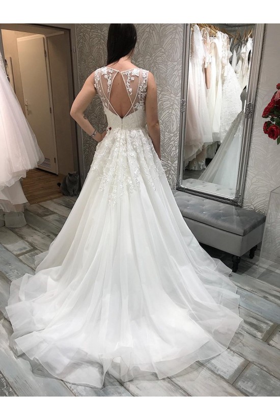 A-Line Lace and Tulle V Neck Wedding Dresses Bridal Gowns 903459