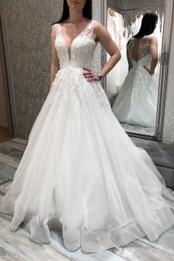 A-Line Lace and Tulle V Neck Wedding Dresses Bridal Gowns 903459