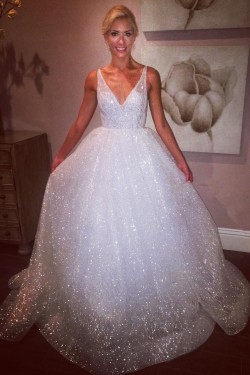 A-Line Sparkle Long Wedding Dresses Bridal Gowns 903461