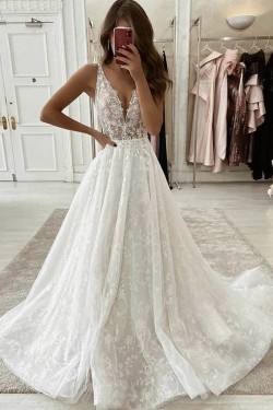 A-Line Lace and Tulle Long Wedding Dresses Bridal Gowns 903464