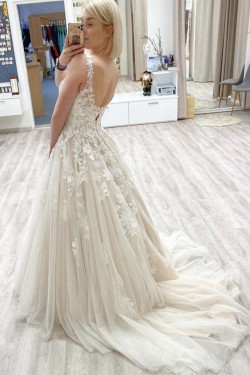 A-Line Lace and Tulle V Neck Wedding Dresses Bridal Gowns 903466