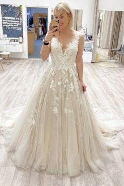 A-Line Lace and Tulle V Neck Wedding Dresses Bridal Gowns 903466