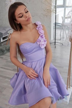 Short One Shoulder Lavender Prom Dress Homecoming Graduation Dresses 904003