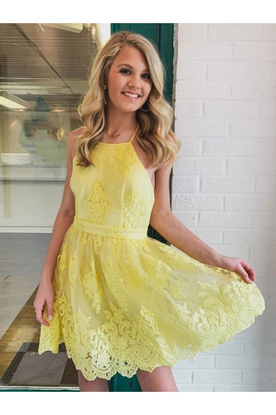 Short Yellow Lace Prom Dress Homecoming Graduation Dresses 904009