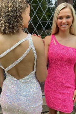 Short Sparkle Sequins One Shoulder Tight Lace Prom Dress Homecoming Graduation Cocktail Dresses 904018