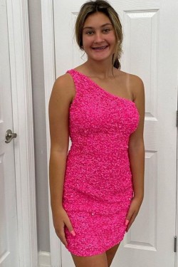 Short Sparkle Sequins One Shoulder Tight Fuchsia Lace Prom Dress Homecoming Graduation Dresses 904019