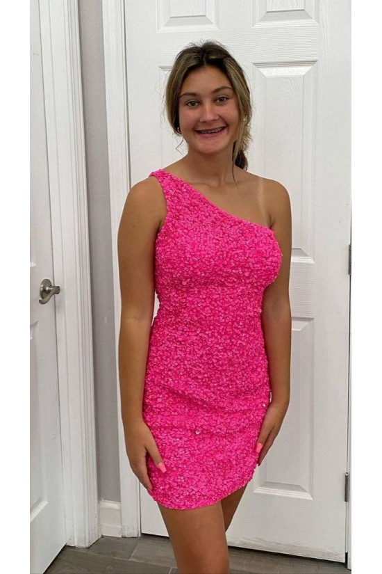 Short Sparkle Sequins One Shoulder Tight Fuchsia Lace Prom Dress Homecoming Graduation Dresses 904019