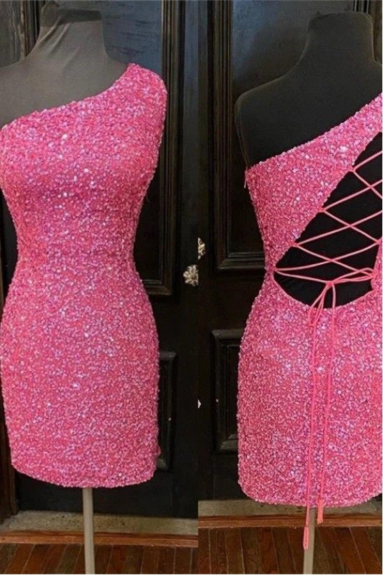Short One Shoulder Sequins Prom Dresses Homecoming Dresses 904037