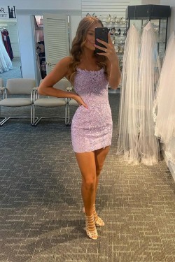 Short Lilac Tight Lace Prom Dresses Homecoming Dresses 904039
