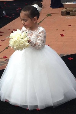 Lace and Tulle Long Sleeves Floor-Length Flower Girl Dresses 905002