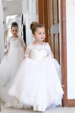 Lace and Tulle Floor-Length Flower Girl Dresses with Sleeves 905003