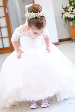 Lace and Tulle Floor-Length Flower Girl Dresses with Sleeves 905003