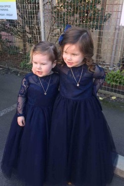 Lace and Tulle Long Sleeves Navy Blue Floor-Length Flower Girl Dresses 905004