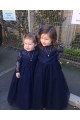 Lace and Tulle Long Sleeves Navy Blue Floor-Length Flower Girl Dresses 905004