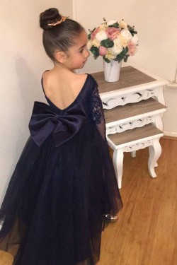 Lace and Tulle Long Sleeves Navy Blue Floor-Length Flower Girl Dresses 905004