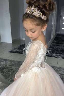 A-Line Lace and Tulle Long Sleeves Floor-Length Flower Girl Dresses 905008