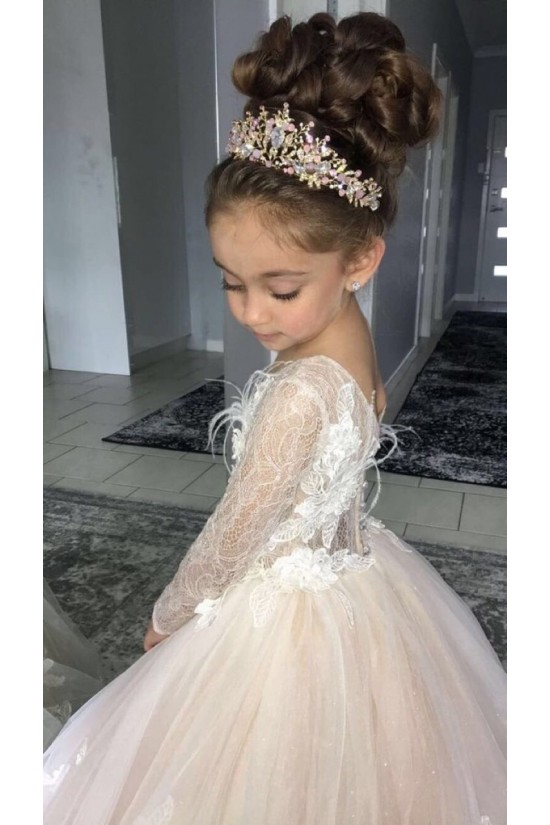 A-Line Lace and Tulle Long Sleeves Floor-Length Flower Girl Dresses 905008 A-Line Lace and Tulle Long Sleeves Floor-Length Flower Girl Dresses 905008