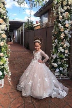A-Line Lace and Tulle Long Sleeves Floor-Length Flower Girl Dresses 905008
