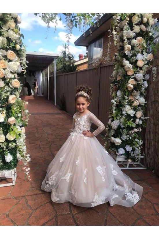 A-Line Lace and Tulle Long Sleeves Floor-Length Flower Girl Dresses 905008