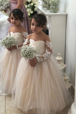Cute Lace and Tulle Long Sleeves Flower Girl Dresses 905016