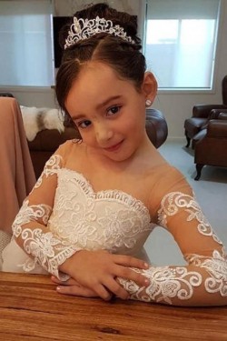 Cute Lace and Tulle Long Sleeves Flower Girl Dresses 905017