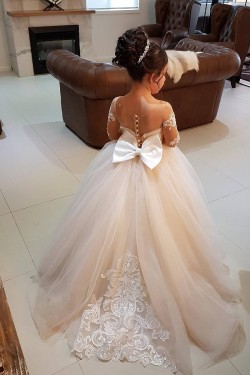 Cute Lace and Tulle Long Sleeves Flower Girl Dresses 905017