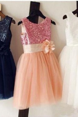 Navy Blue Sequin and Tulle Knee Length Flower Girl Dresses 905021