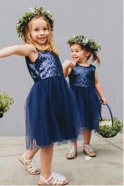 Navy Blue Sequin and Tulle Knee Length Flower Girl Dresses 905021