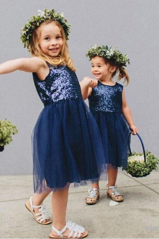 Navy Blue Sequin and Tulle Knee Length Flower Girl Dresses 905021