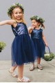 Navy Blue Sequin and Tulle Knee Length Flower Girl Dresses 905021