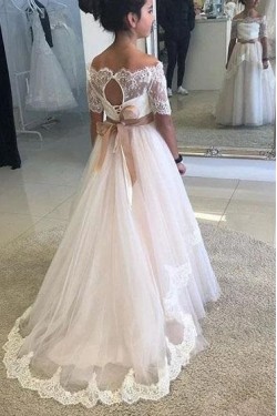 Lace and Tulle Flower Girl Dresses with Sleeves 905028