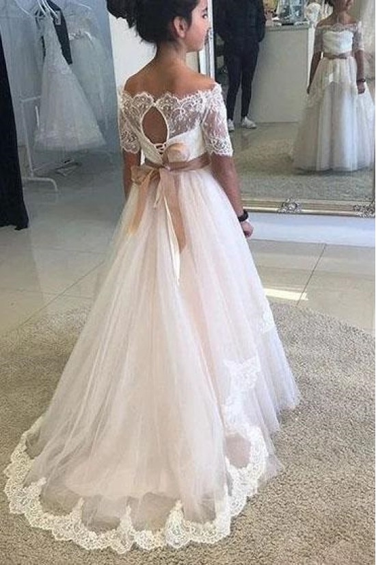 Lace and Tulle Flower Girl Dresses with Sleeves 905028