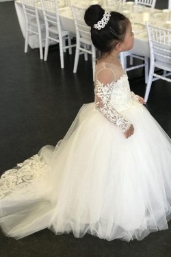 Lace and Tulle Long Sleeves Flower Girl Dresses 905047