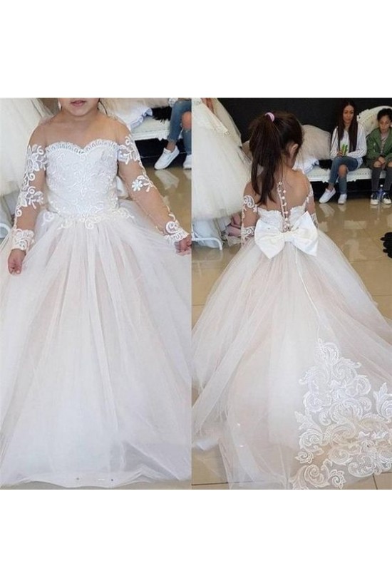 Long Sleeves Lace and Tulle Flower Girl Dresses 905056