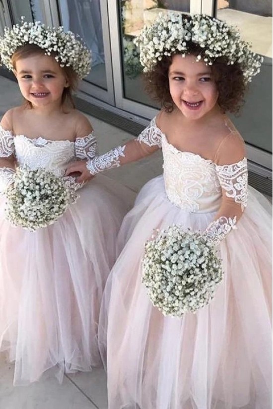 Long Sleeves Lace and Tulle Flower Girl Dresses 905057