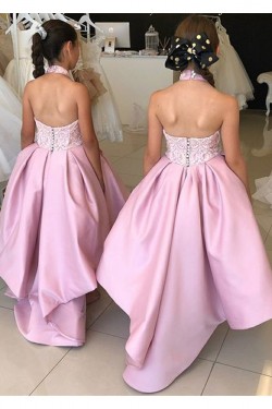 Lace and Satin Pink Halter High Low Flower Girl Dresses 905069