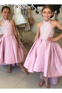 Lace and Satin Pink Halter High Low Flower Girl Dresses 905069
