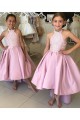 Lace and Satin Pink Halter High Low Flower Girl Dresses 905069