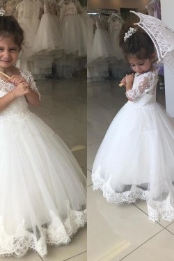 Lace and Tulle Flower Girl Dresses with Sleeves 905089