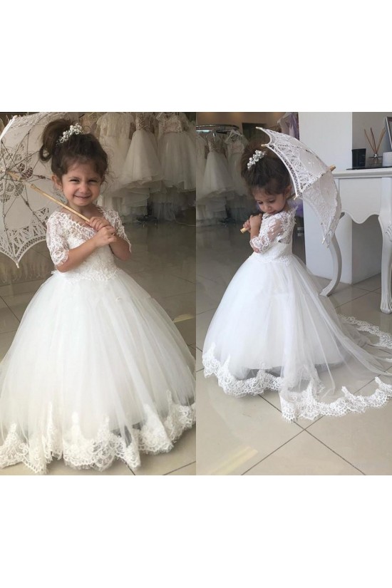 Lace and Tulle Flower Girl Dresses with Sleeves 905089
