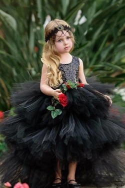 Black Sequins and Tulle High Low Flower Girl Dresses 905093