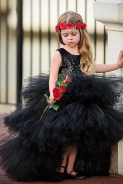 Black Sequins and Tulle High Low Flower Girl Dresses 905093