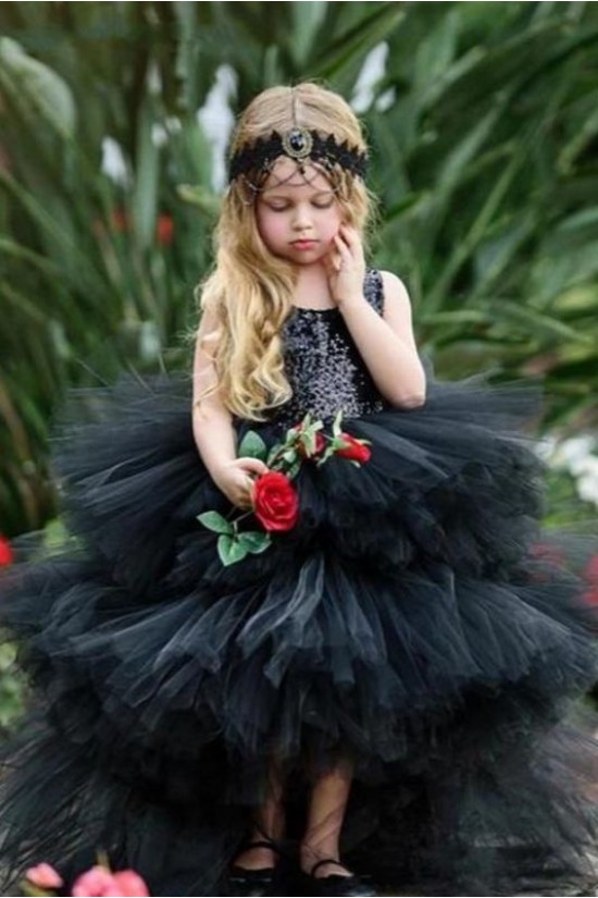 Black Sequins and Tulle High Low Flower Girl Dresses 905093