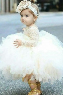 Cute Lace and Tulle Long Sleeves Flower Girl Dresses 905094
