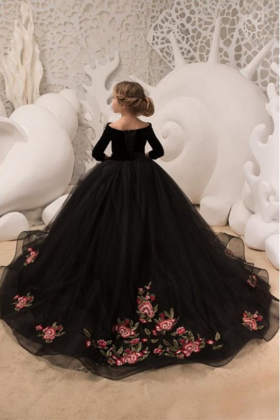 Long Black Tulle Flower Girl Dresses with Sleeves 905097