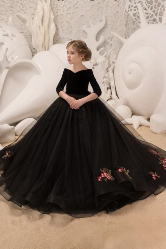 Long Black Tulle Flower Girl Dresses with Sleeves 905097