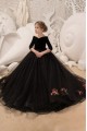 Long Black Tulle Flower Girl Dresses with Sleeves 905097