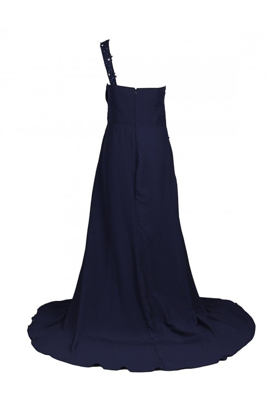 A-Line One-Shoulder Navy Blue Long Chiffon Bridesmaid Dresses/Wedding Party Dresses BD010021